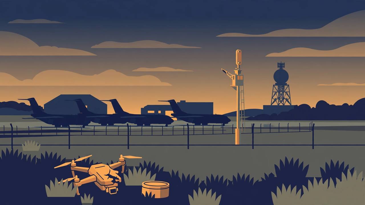 Editorial illustration of a generic military air base at dusk with a small crashed drone in grass in the foreground, flat style, no text, no real person depicted