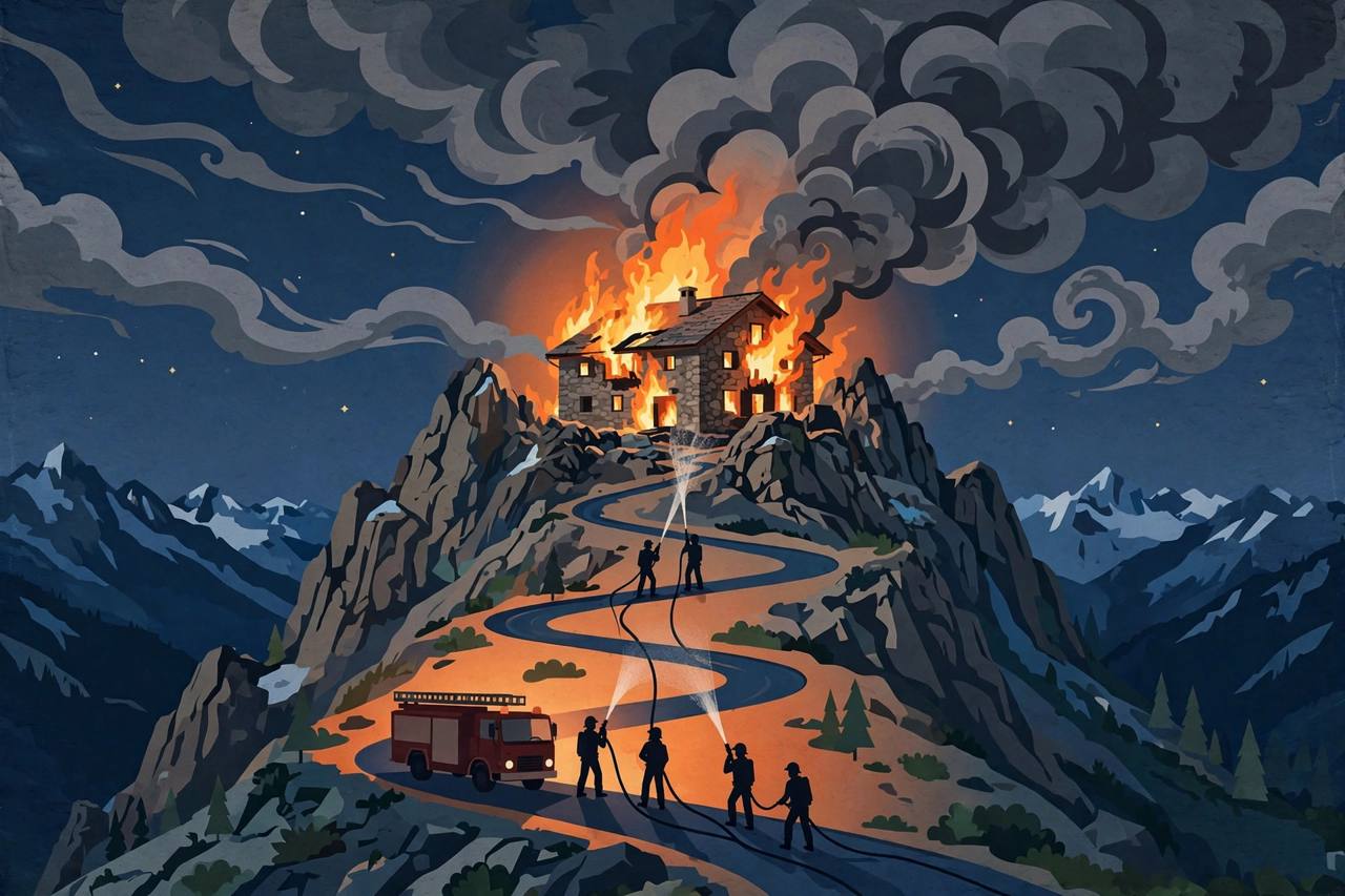 Editorial illustration of a historic stone mountain guest house on a high Alpine peak at night engulfed in flames, with generic firefighters and a fire truck on a winding mountain road below