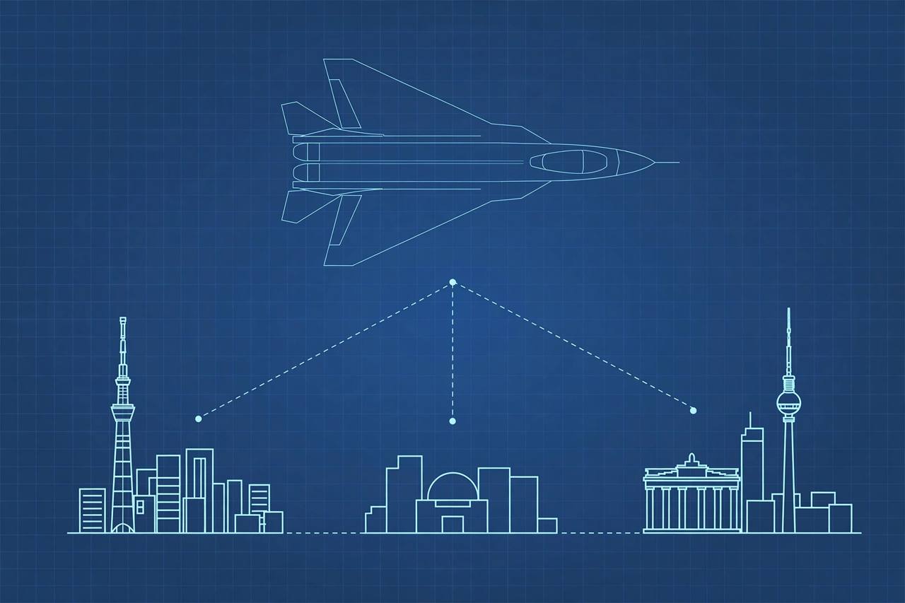 Flat editorial illustration of a generic futuristic fighter jet above abstract city skylines