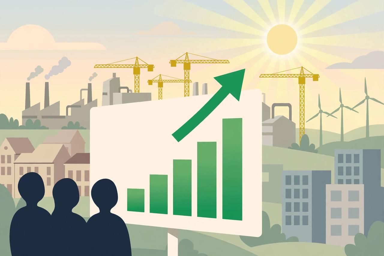 Editorial illustration of a rising chart above a German factory and office skyline at sunrise