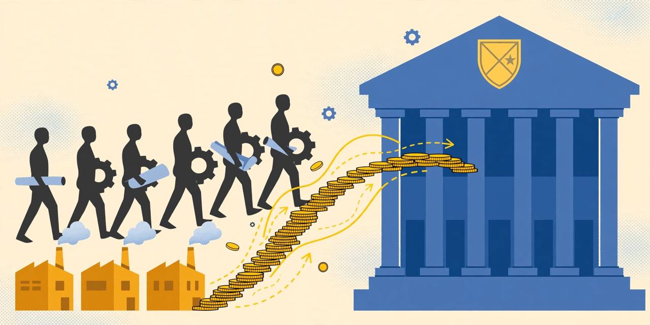 Editorial illustration of a bank building with a shield emblem and generic industry figures with blueprints, symbolising a multilateral defence bank
