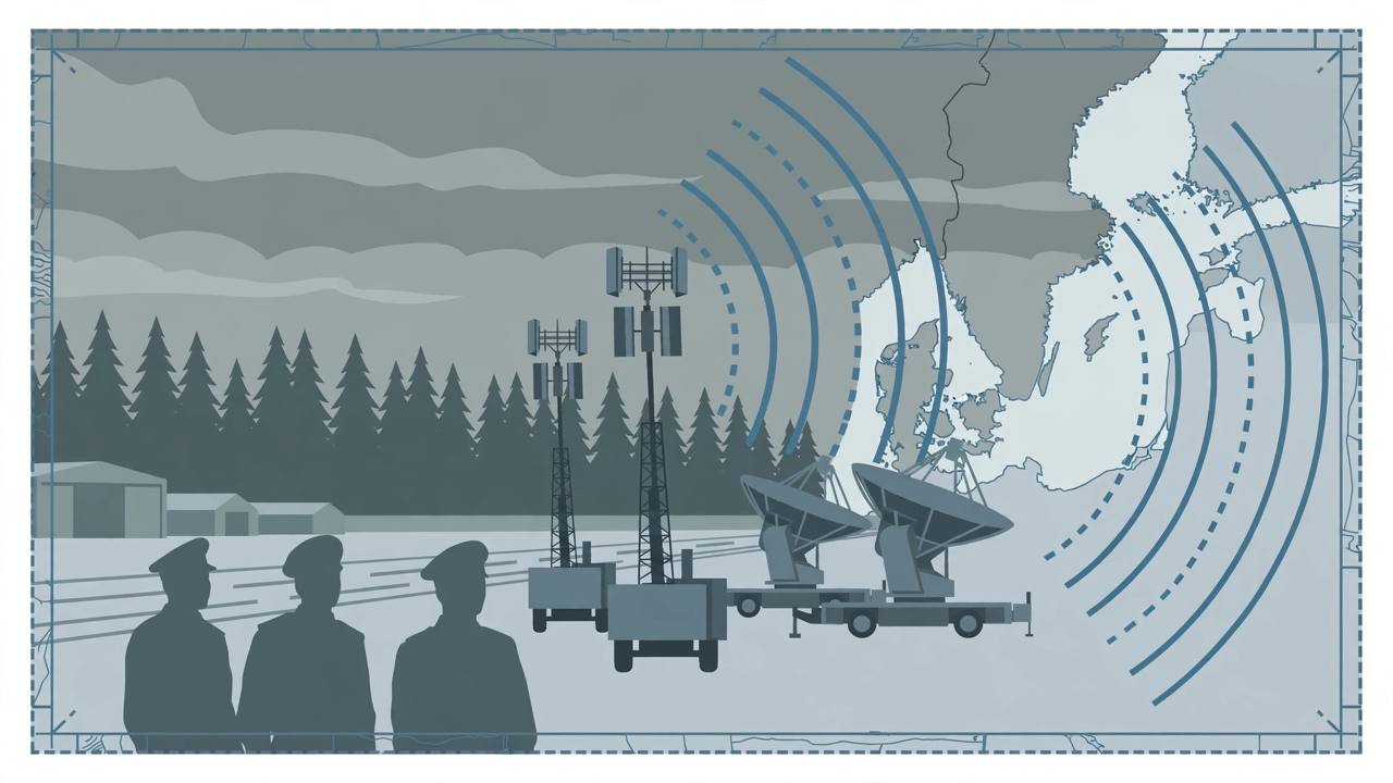 Editorial illustration of soldiers beside electronic-warfare antenna masts and radar dishes at a Baltic airfield, signal arcs sweeping eastward