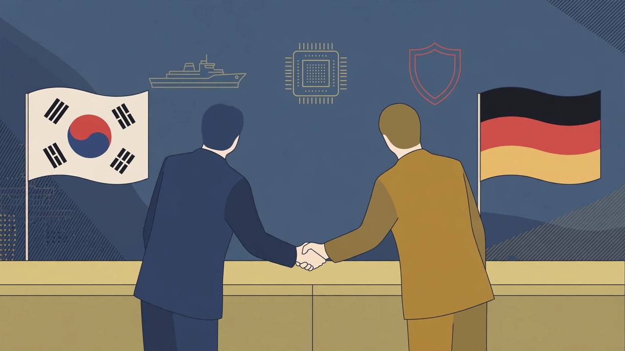 Flat editorial illustration of two generic suited figures shaking hands at a summit table between the flags of South Korea and Germany, with a naval ship, a computer chip and a shield in the background