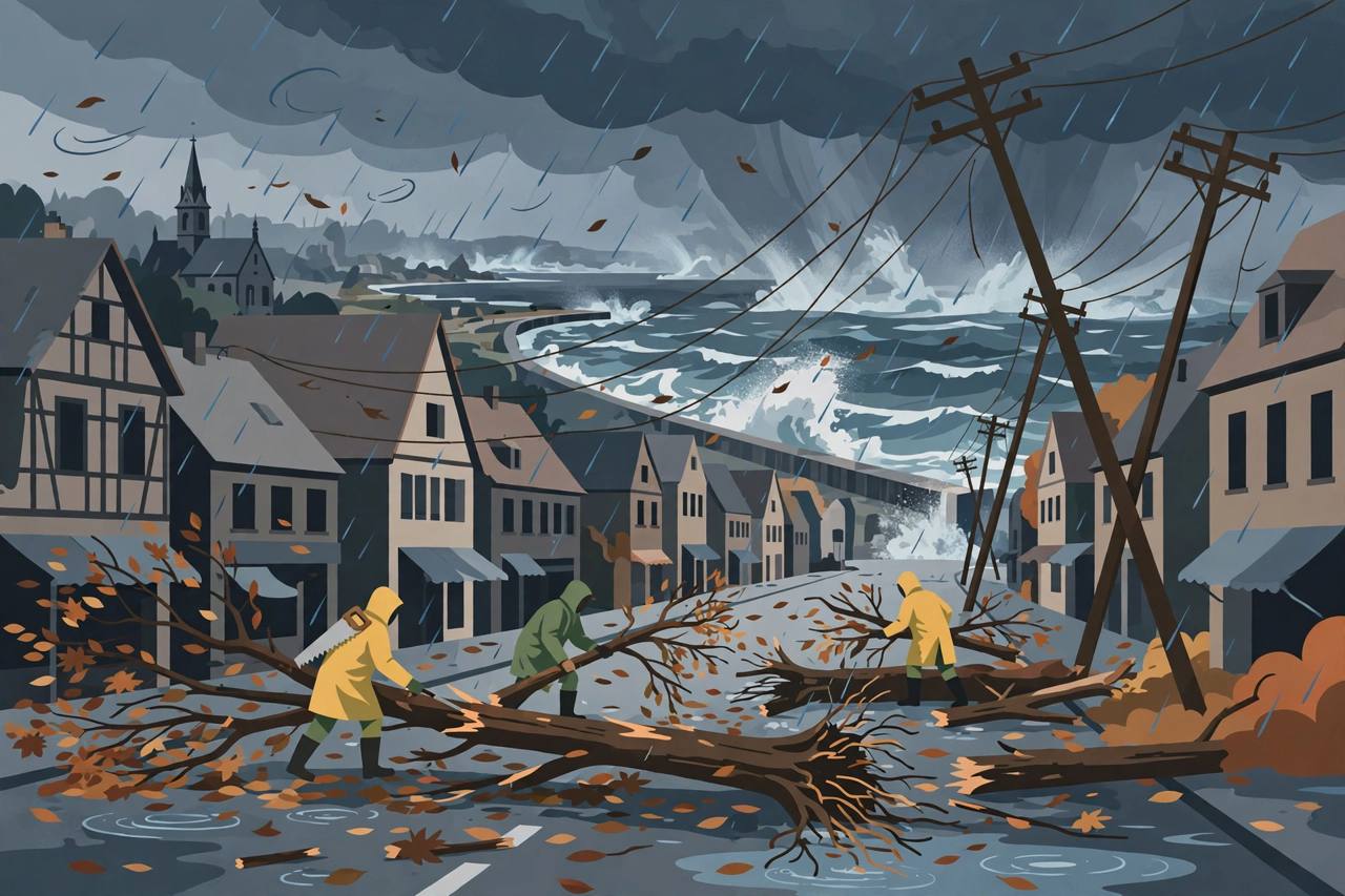 Editorial illustration of fallen trees, tilted power lines and a darkened town in wind and rain, with a coastal storm surge behind
