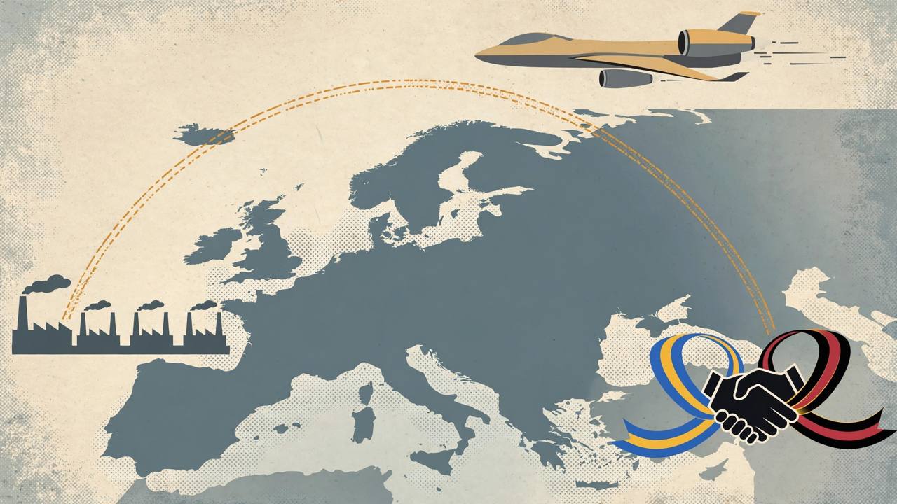 Editorial illustration of a jet-powered drone with a long flight arc over a simplified map of Europe and factory silhouettes