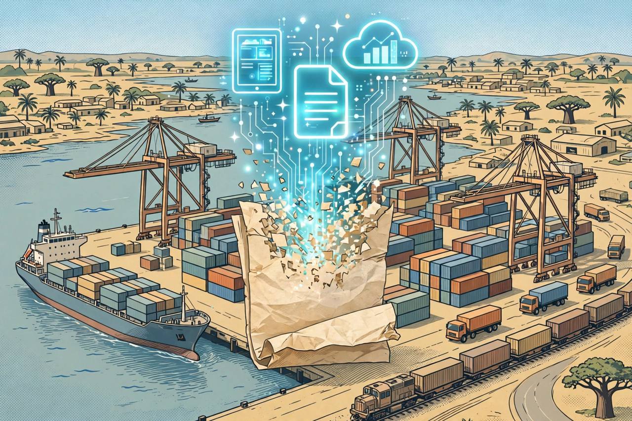 Editorial illustration of a West African port with cranes, containers and a paper cargo document turning into digital document icons