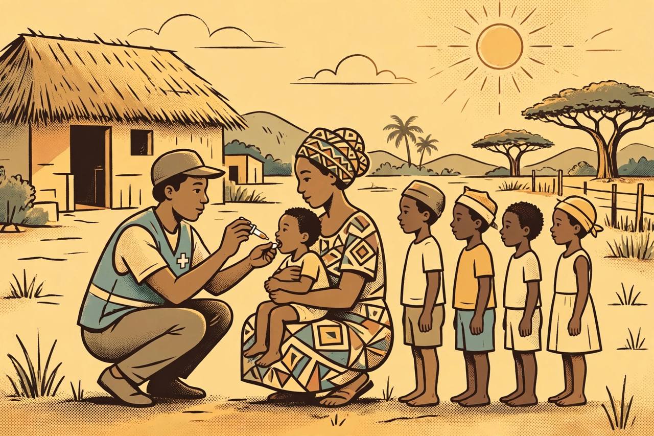 Editorial illustration of a health worker giving oral polio vaccine drops to a small child held by a mother outside a health clinic in Ghana, with other children waiting