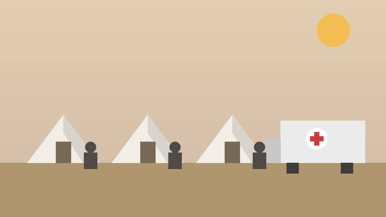 Editorial illustration of generic aid tents and an aid truck with a medical cross — no real person or real place depicted
