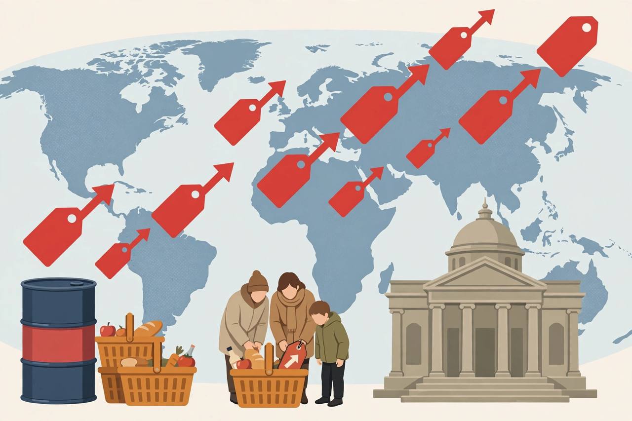 Editorial illustration of a world map with rising red price tags, shopping baskets, an oil barrel and a central bank building, with generic figures