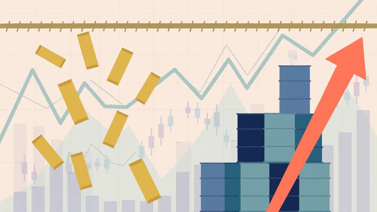 Editorial illustration of gold bars falling below a marker while oil barrels rise — flat style, no real person depicted