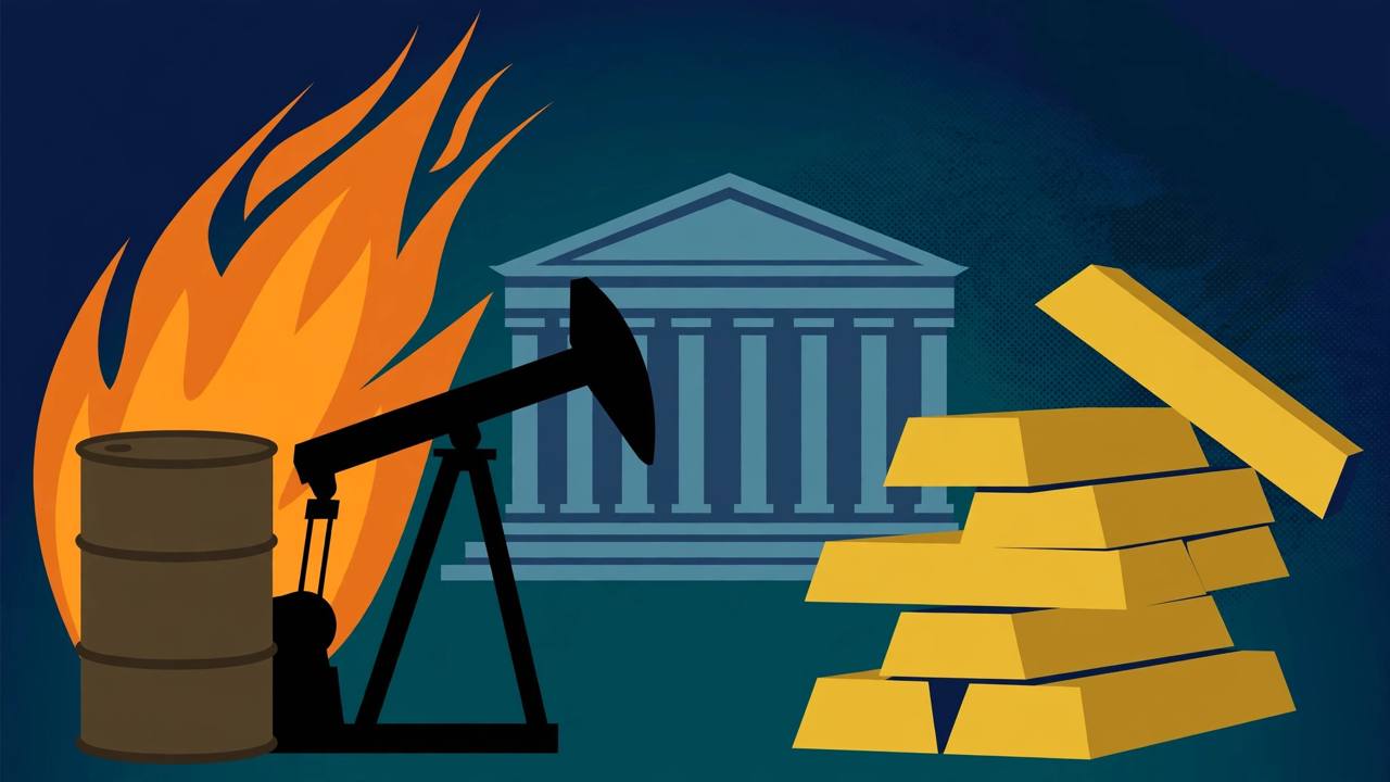 Editorial illustration of an oil pumpjack and barrel beside tipping gold bars in front of a central bank building