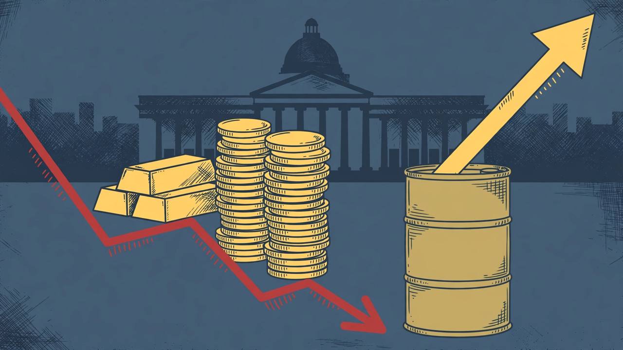 Editorial illustration of gold bars and coins on a falling chart line beside an oil barrel and a central bank building, flat style, no text, no real person depicted