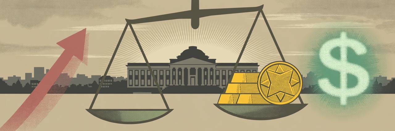 Editorial illustration of gold bars on a balance scale beside a generic central-bank building