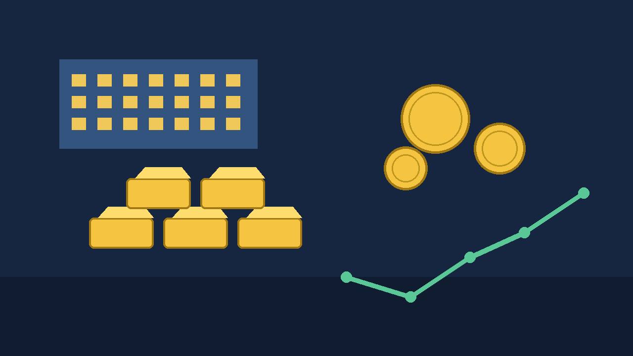Editorial illustration of gold bars and coins with a recovering chart line, no people
