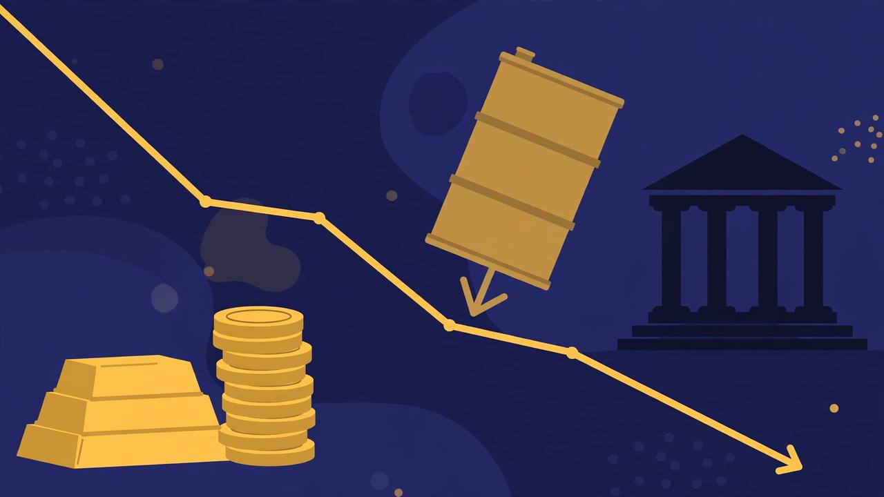 Editorial illustration of gold bars beside a downward price line with an oil barrel and a central bank building, for the story on gold steadying near a one-week low as oil-driven inflation fears grow