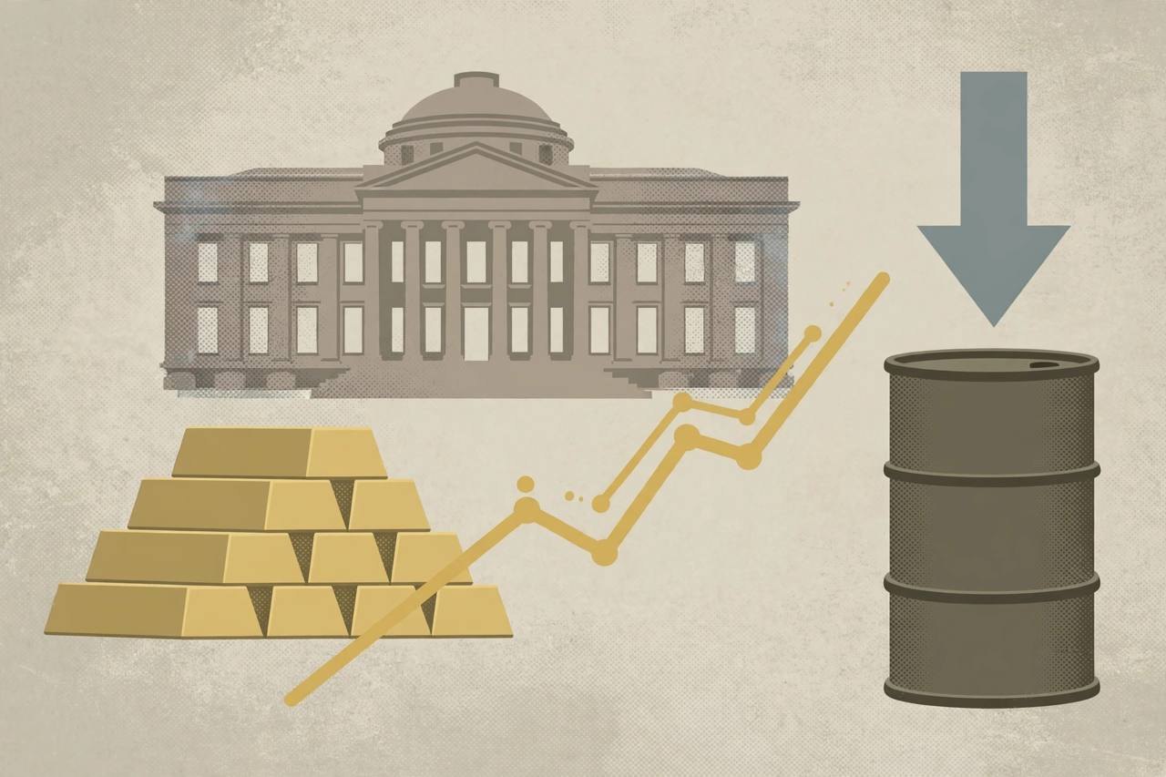 Editorial illustration of gold bars, an oil barrel and a central bank building