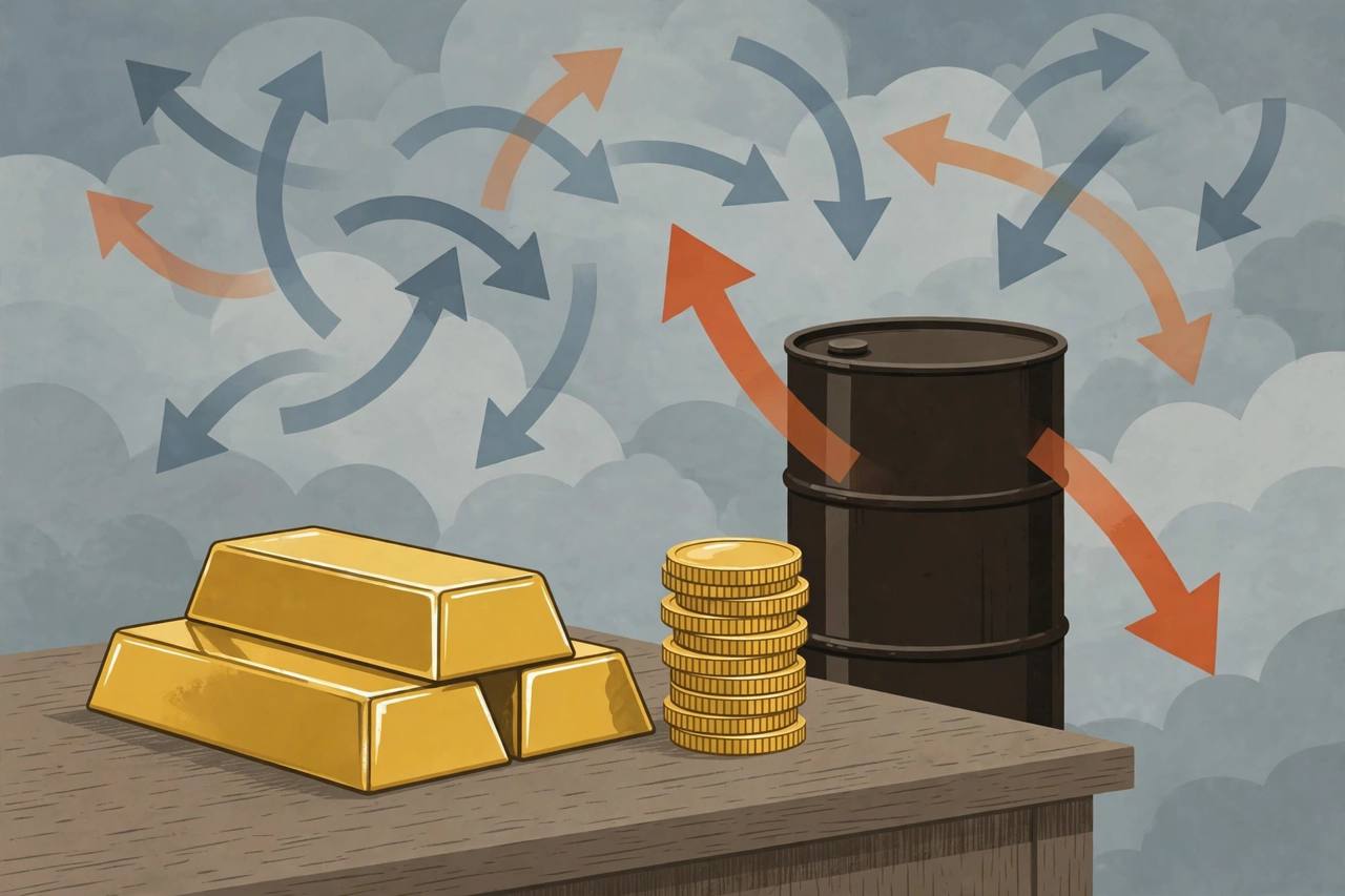 Editorial illustration of gold bars and coins on a trading desk with an oil barrel and conflicting market arrows behind them