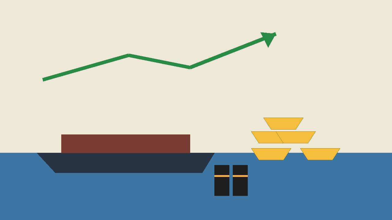 Editorial illustration of gold bars and oil barrels beside a generic cargo ship, with a rising chart arrow and no real person depicted