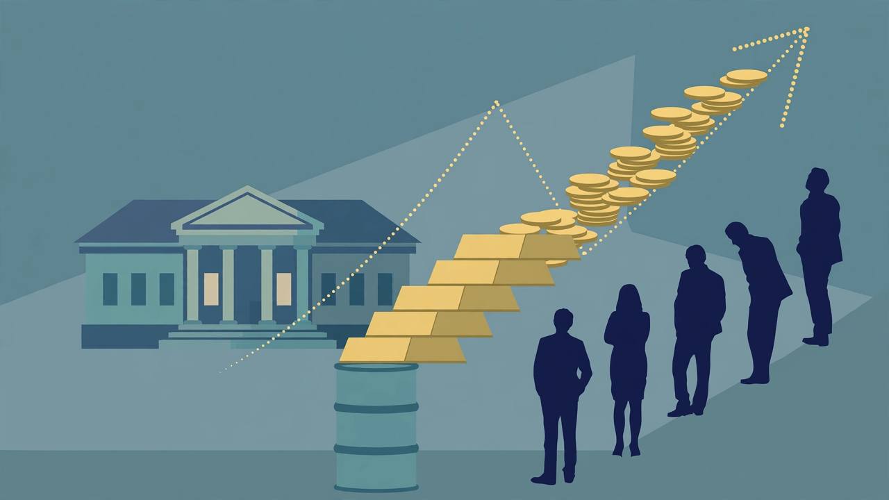 Editorial illustration of stacked gold bars and coins above an oil barrel and a central bank building, with generic trader silhouettes watching