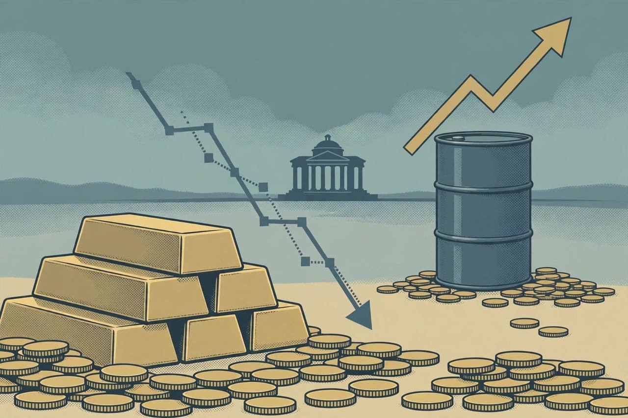 Editorial illustration: gold bars and coins in the foreground with a falling price chart arrow, an oil barrel and rising energy price arrow in the background, no real person depicted