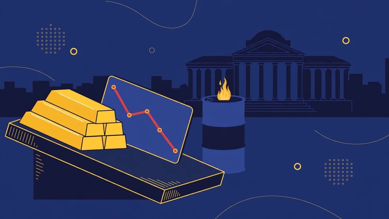 Editorial illustration of gold bars beside a falling price chart, an oil barrel and a central bank building