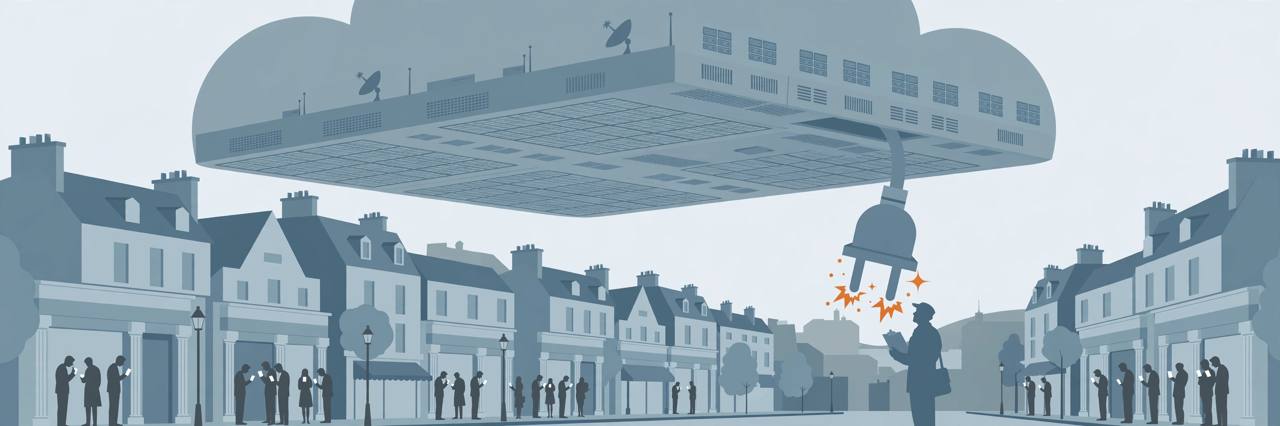 Editorial illustration of a cloud data centre with a sparking power plug, bank customers with blank phone screens and an official with a clipboard