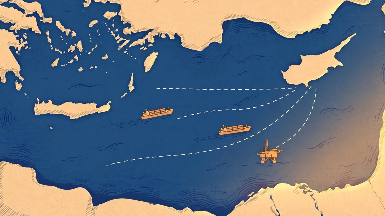 Editorial illustration of a stylised eastern Mediterranean map with dashed maritime boundary lines extending east towards Cyprus, a cargo ship and an offshore platform — no real place or person depicted