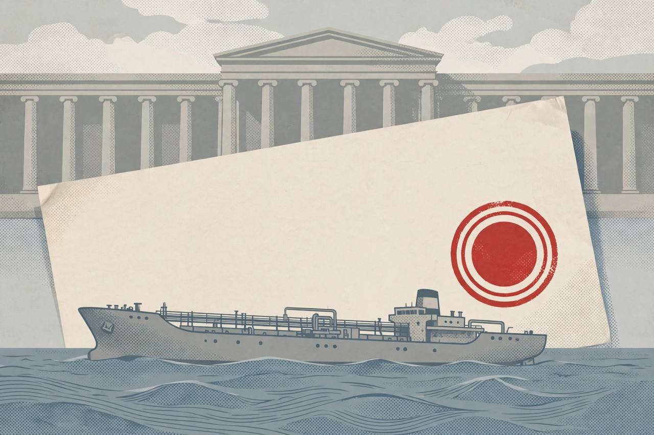Editorial illustration of a generic cargo tanker at sea in front of a large blank official document with a red stamp, with stone finance-ministry columns behind — no real place or person depicted