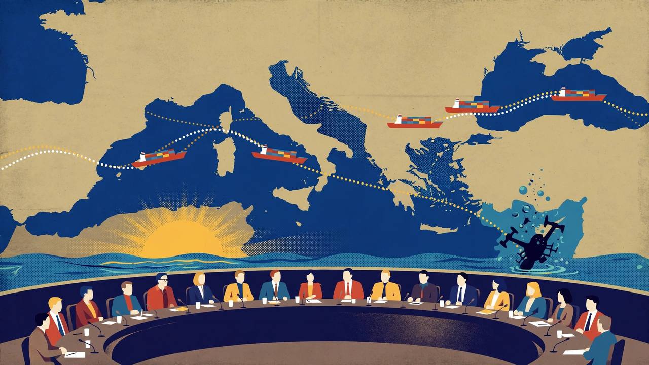 Editorial illustration of a UN Security Council style council table with container ships sailing safely on stylised sea lanes in the background