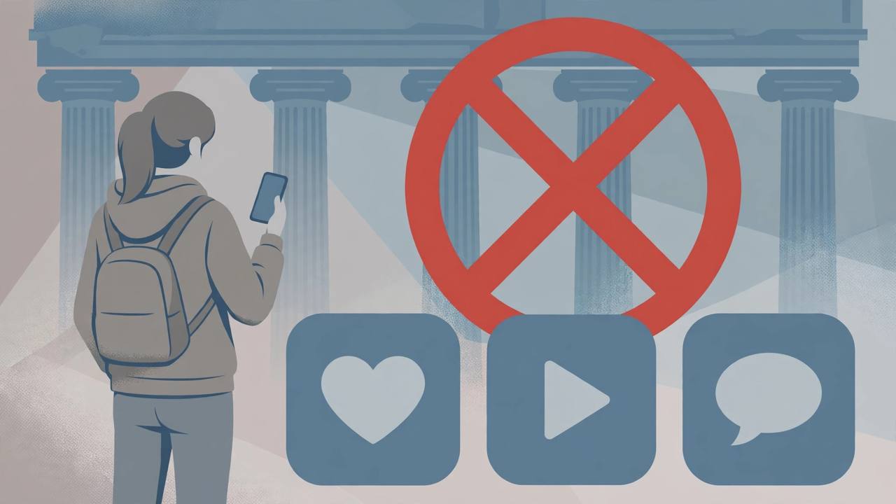 Editorial illustration of a generic young figure holding a phone in front of Greek columns, with a prohibition sign over generic social-media app symbols — no real person or real place depicted