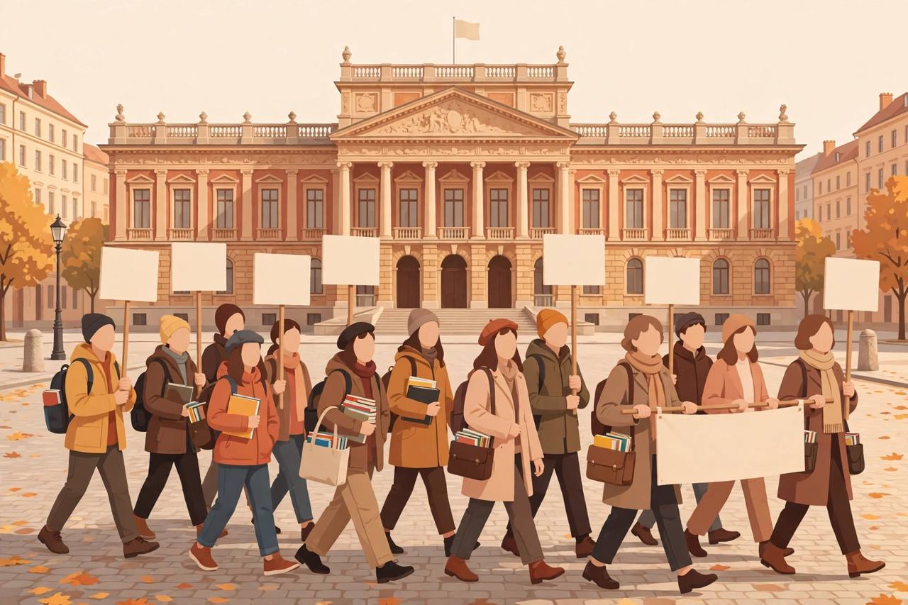 Editorial illustration of generic students and teachers marching peacefully with blank placards in a European city square in front of a parliament-style building — no real place or person depicted