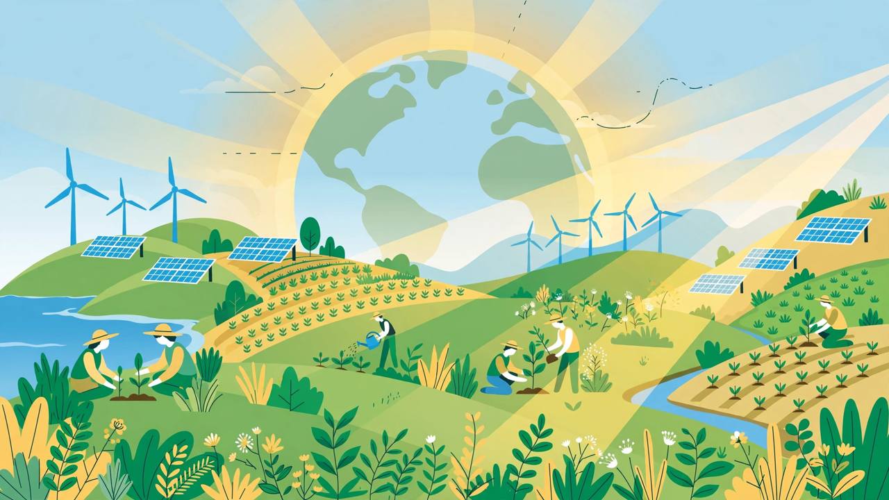 Editorial illustration of solar panels and wind turbines on green hills in several landscapes, farmers planting saplings and a large globe under golden sunlight