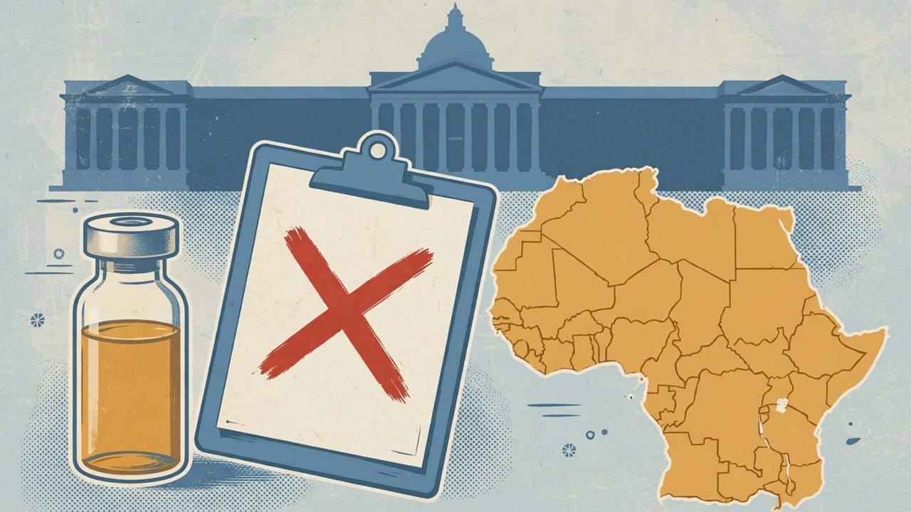 Editorial illustration of a sealed vaccine vial and a clipboard with a red X beside a stylised map of West Africa, flat style, no text, no real person, baby or incident depicted