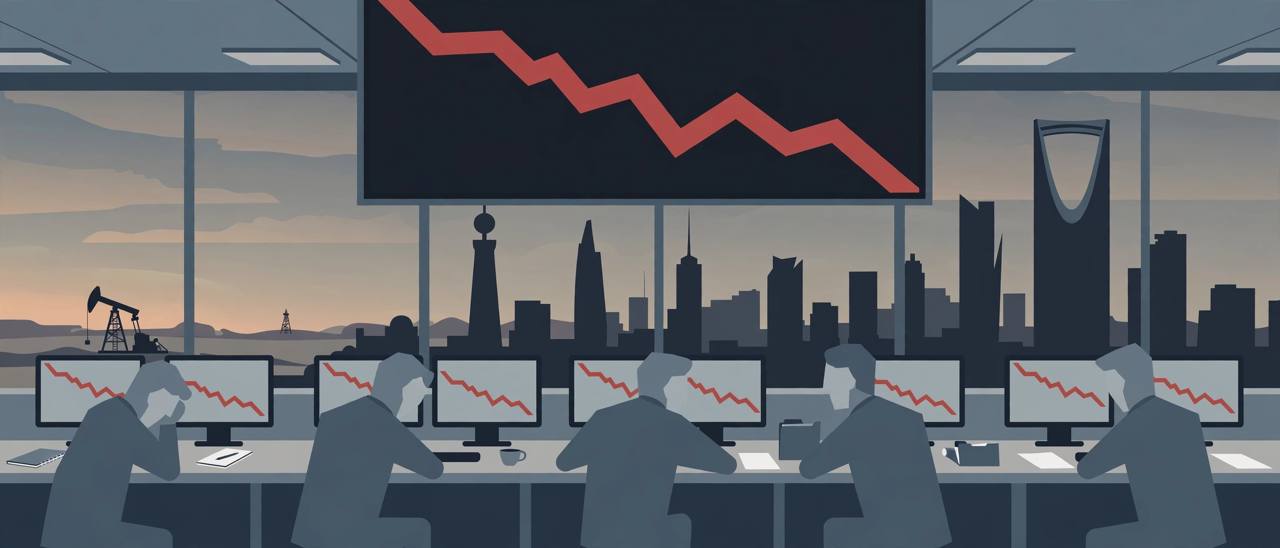 Editorial illustration of a Gulf stock exchange with a falling red chart, traders and a Riyadh skyline