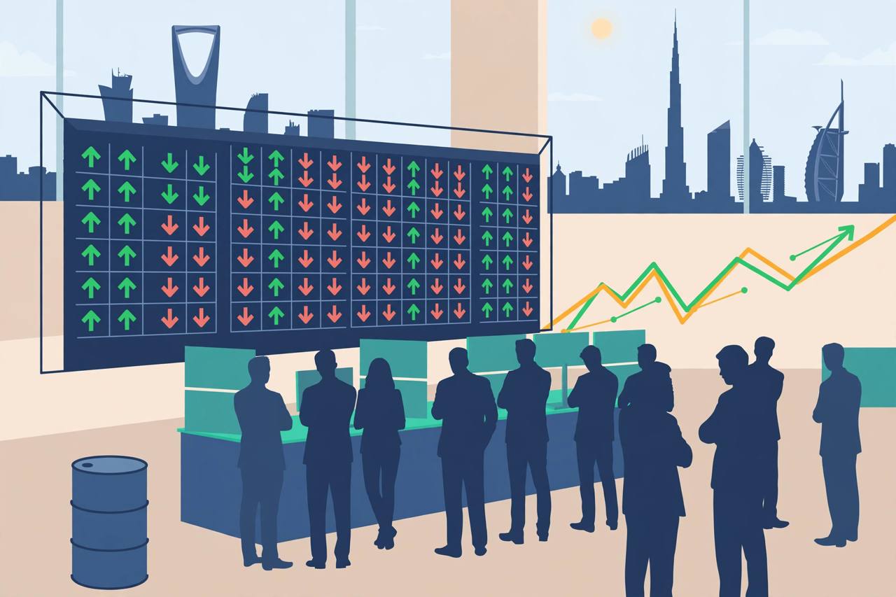 Editorial illustration of a Gulf stock exchange board with mixed green and red arrows, an oil barrel and a Gulf skyline