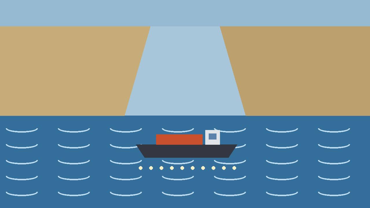 Editorial illustration of an oil tanker passing through a narrow strait between two coastlines