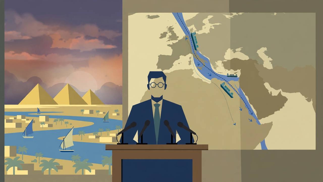 Editorial illustration of a diplomat at a press podium in Cairo with the pyramids behind