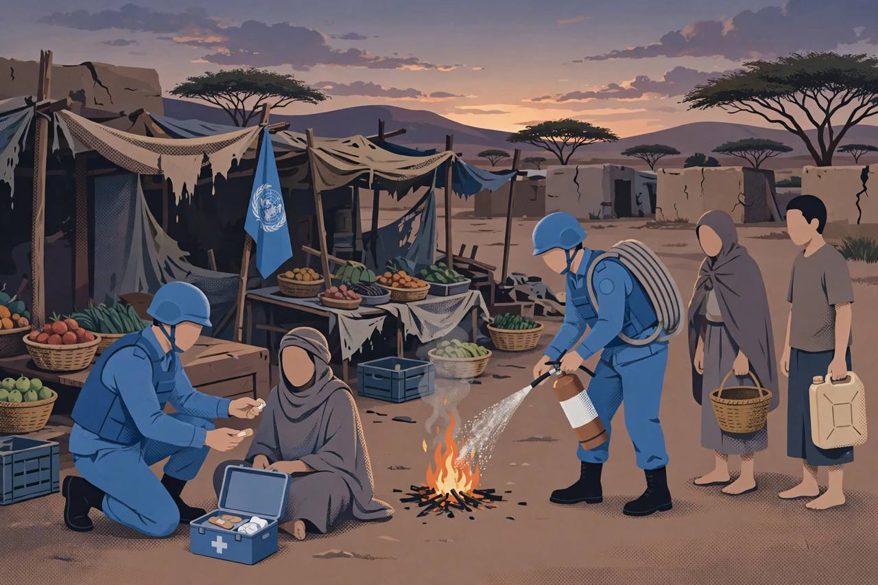 Editorial illustration of UN peacekeepers in blue helmets providing medical aid to generic civilians at a market in the Abyei border region, respectful tone with no depiction of violence