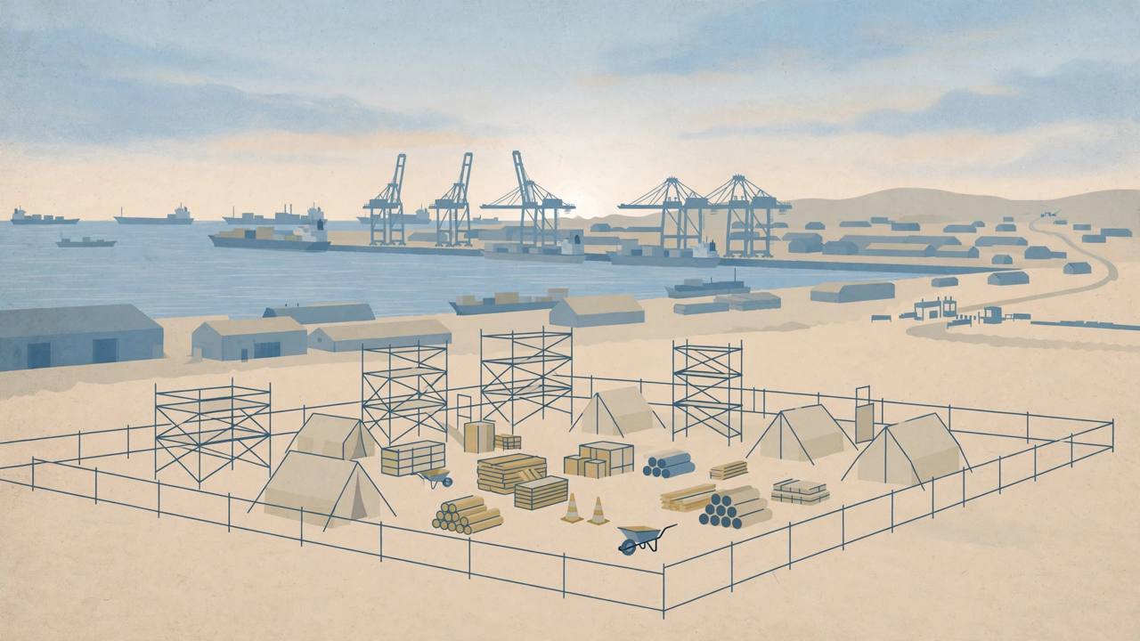 Editorial illustration of a coastal port city at dawn with cranes, an empty construction camp and a distant checkpoint — no real person or incident depicted