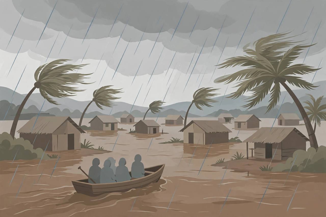 Editorial illustration of a flooded village in southern Haiti, with houses standing in rainwater and a small rescue boat