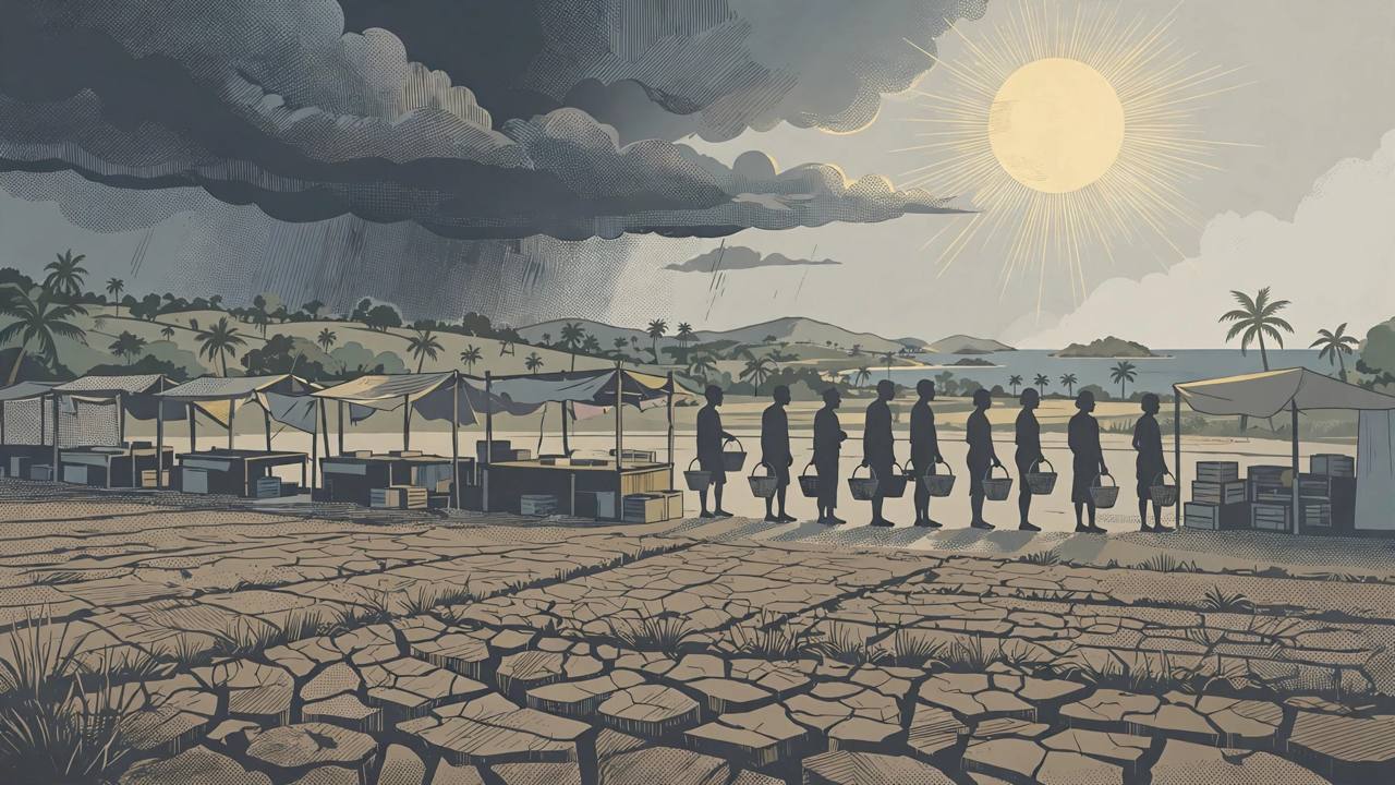 Editorial illustration of a Caribbean market with empty stalls, a dry cracked farm field and generic figures carrying empty baskets under storm clouds and a harsh sun (Editorial illustration)