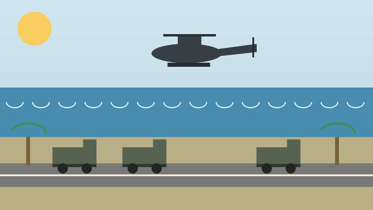 Editorial illustration of a generic helicopter and unmarked convoy trucks on a coastal road — no real place or person depicted
