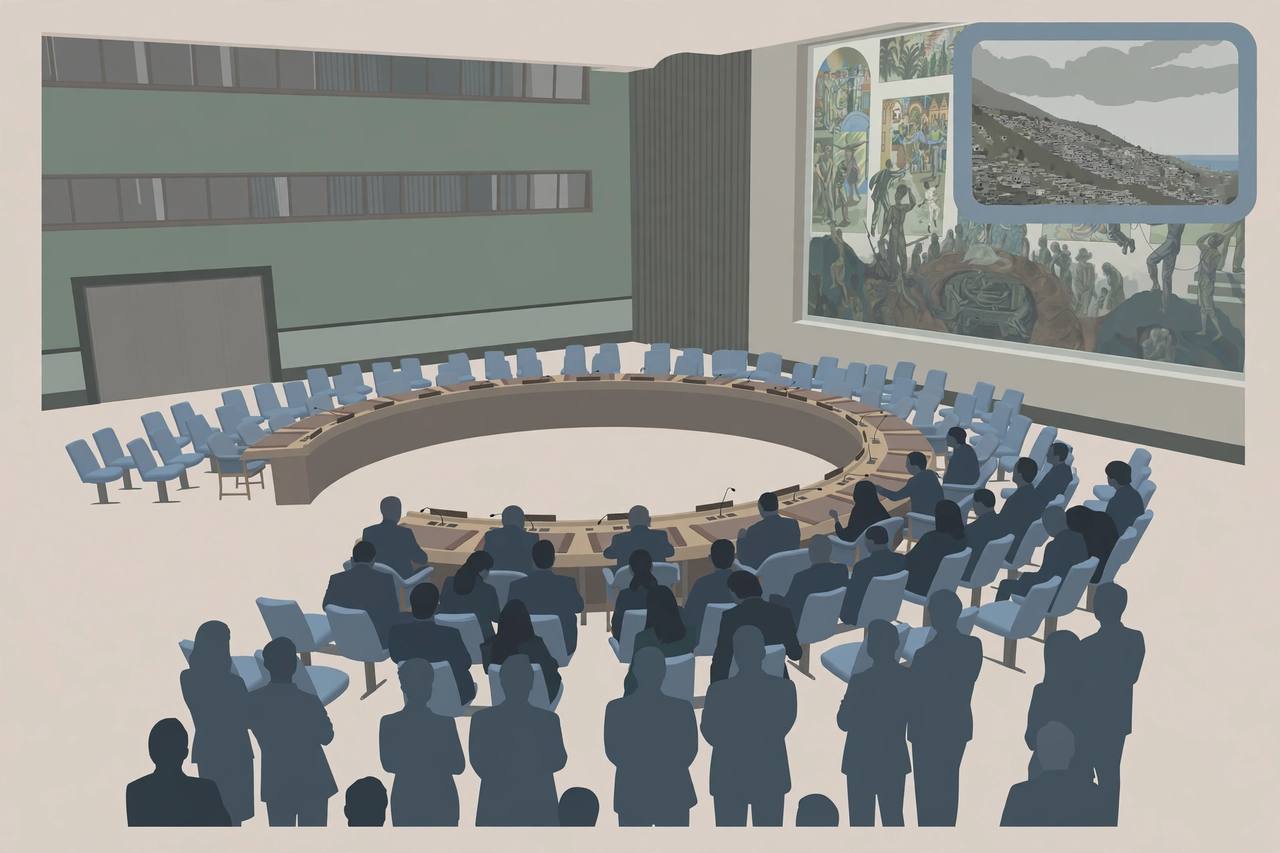 Editorial illustration of the UN Security Council chamber with a Port-au-Prince hillside skyline inset, generic figures only, no real person's likeness