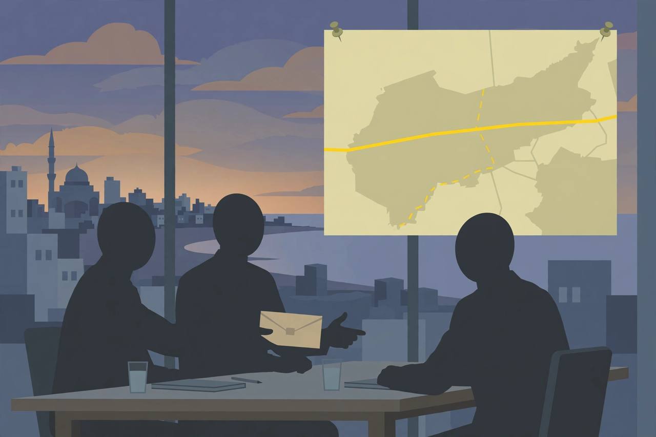 Editorial illustration of a stylised Gaza skyline at dusk, a sealed envelope passed between generic silhouetted figures at a meeting table, and a yellow ceasefire line on a map — no real person depicted