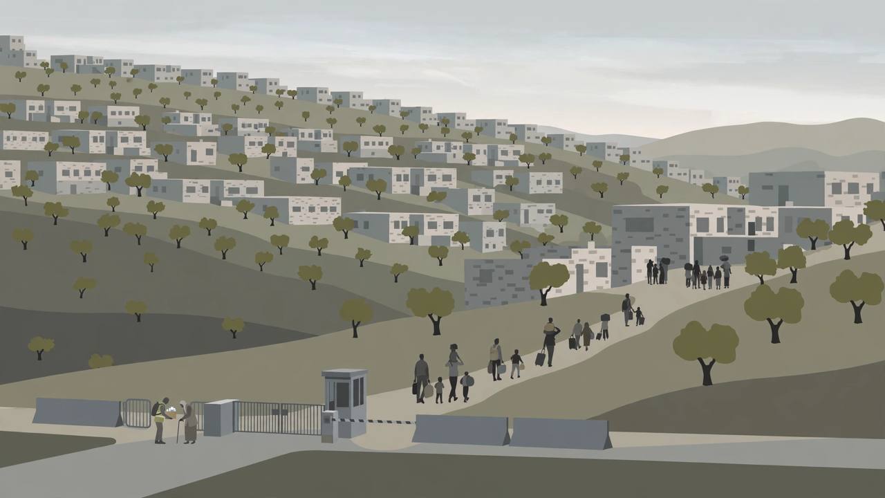 Editorial illustration of a hillside West Bank neighbourhood at dawn, families as distant silhouettes carrying suitcases past closed gates, an aid worker handing supplies to an elderly figure