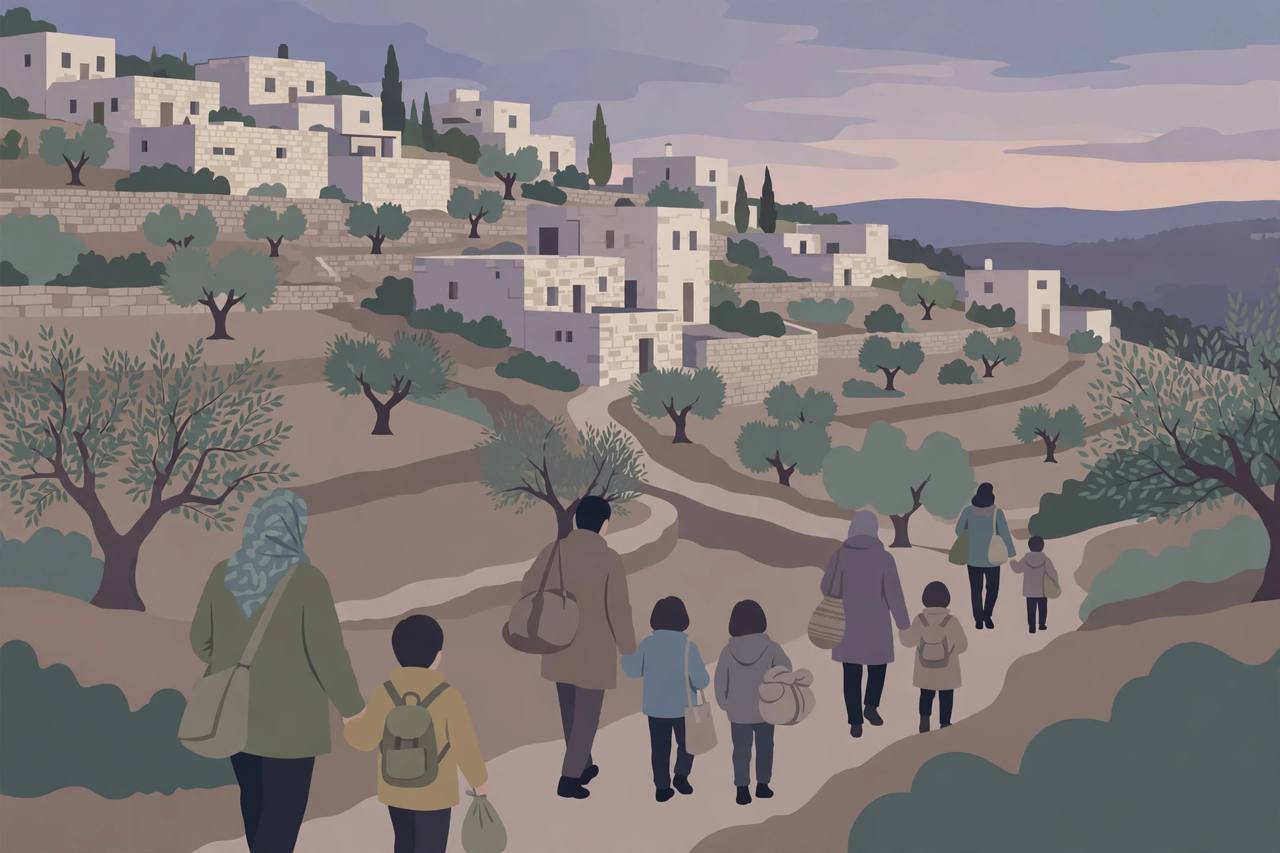 Editorial illustration of generic families carrying bags walking away from stone houses on a West Bank hillside at dusk