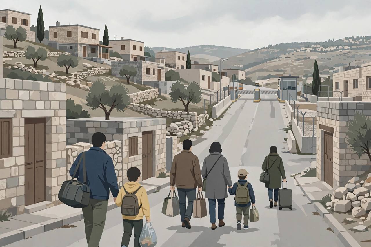 Editorial illustration of generic families leaving stone houses in a hillside West Bank neighbourhood in Hebron near a closed road gate