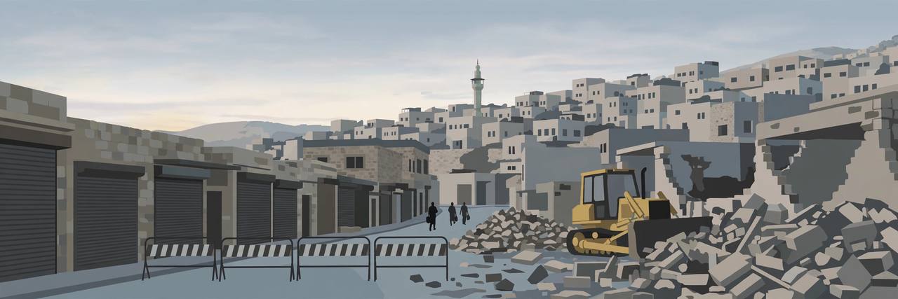 Editorial illustration of a bulldozer beside demolished homes in a Hebron stone neighbourhood with closed shops and street barriers
