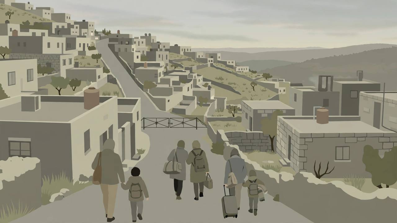 Editorial illustration of generic families leaving stone houses in a hillside West Bank neighbourhood near a closed road gate — flat style, no real person depicted