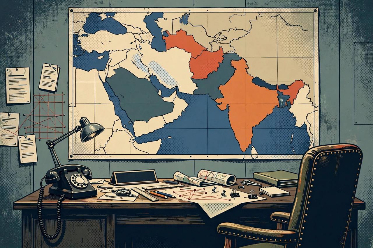 Editorial illustration of an empty military planner's desk in front of a wall map of the Middle East, with the chair pushed back